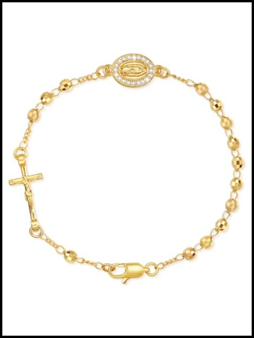 14K Gold Plated Rosary Bracelet for Women Catholic Crucifix Virgin Mary Charm